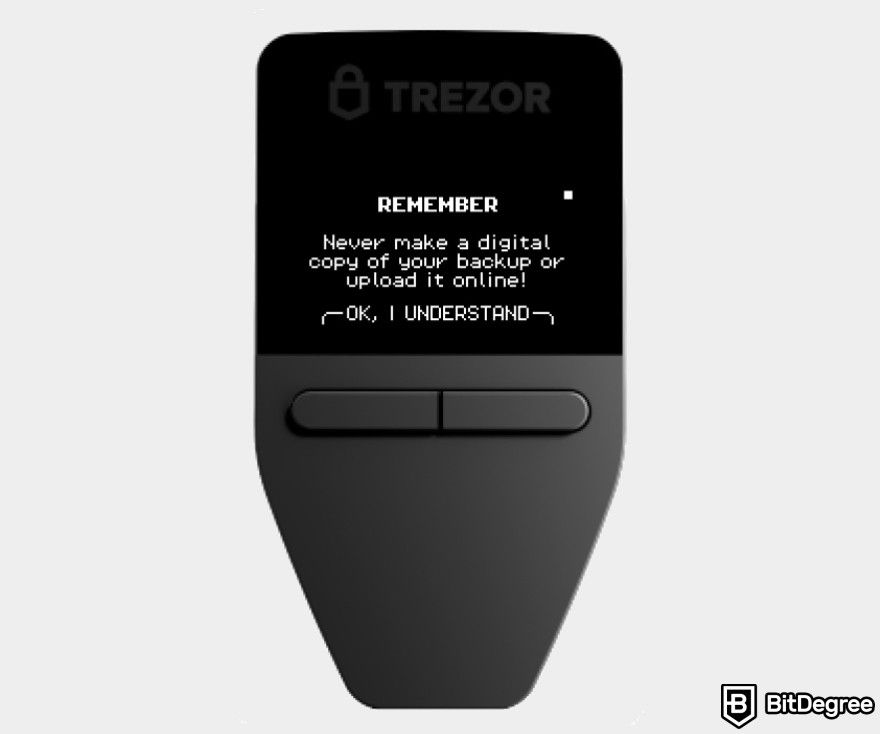 Trezor Safe 3 review: Trezor warning not to make digital copy of your backup.