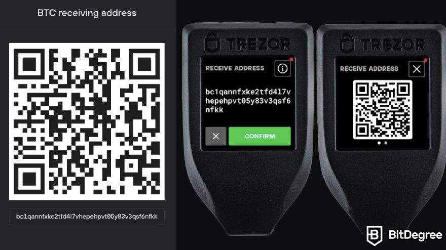 Trezor Safe 3 review: a QR code and an address displayed on the Trezor hardware wallet.