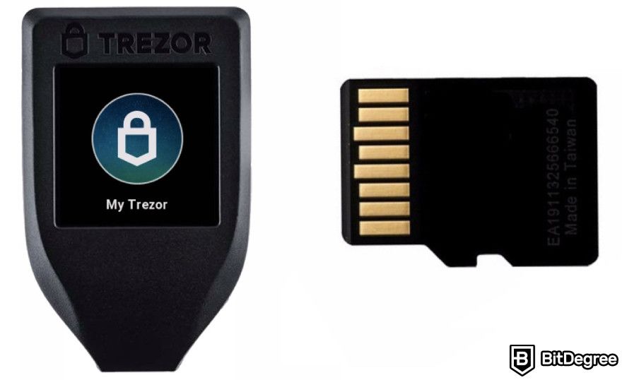 Trezor Safe 5 review: Trezor Model T and microSD card.