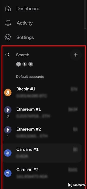 Trezor Safe 5 review: the [My Accounts] sidebar on the Trezor Suite app.