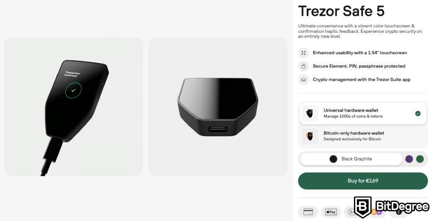 Trezor Safe 5 评论：网站上显示的 Trezor Safe 5 价格。