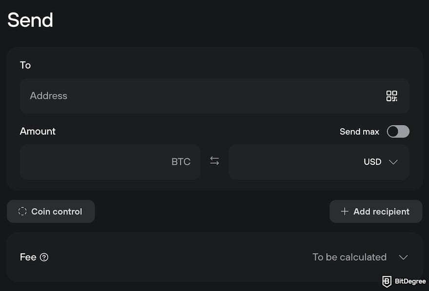 Trezor Safe 5 review: the [Send] screen on the Trezor Suite app.