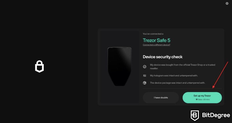  Trezor Safe 3 评论：红色箭头指向设置我的 Trezor 按钮。