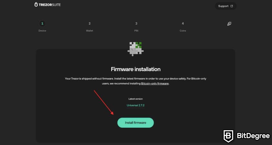 Trezor Safe 3 review: a red arrow pointing to install firmware button.