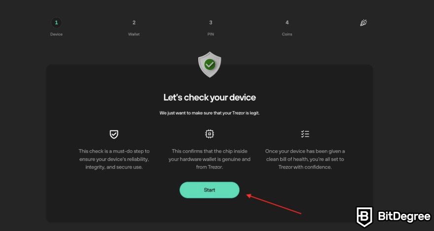 Trezor Safe 3 review: a red arrow pointing to start button.