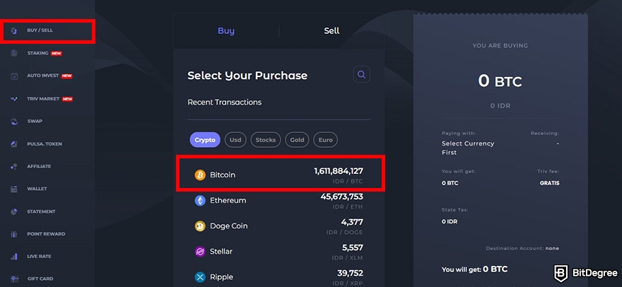 Triv review: the Buy/Sell page on Triv user dashboard.