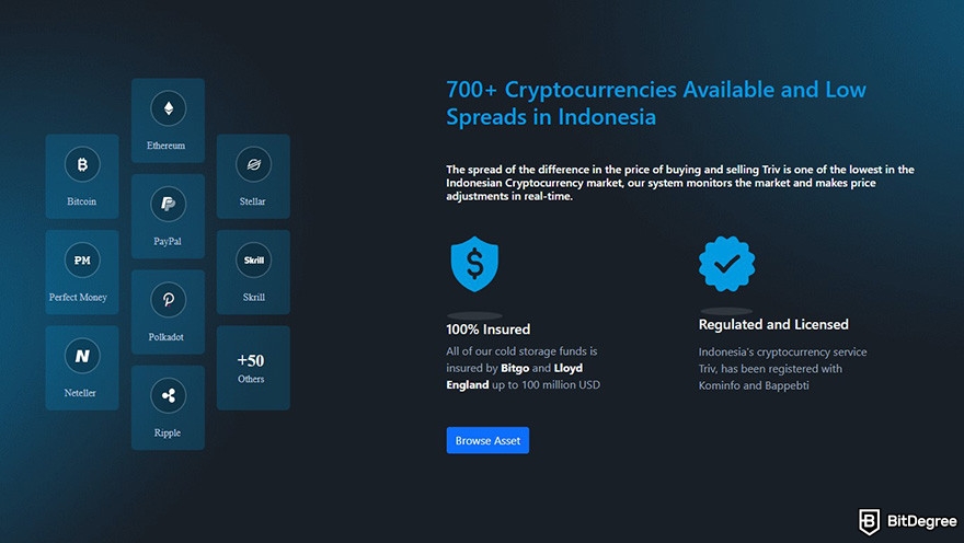 Triv review: a section from Triv's homepage covering the supported crypto assets and the insurance.