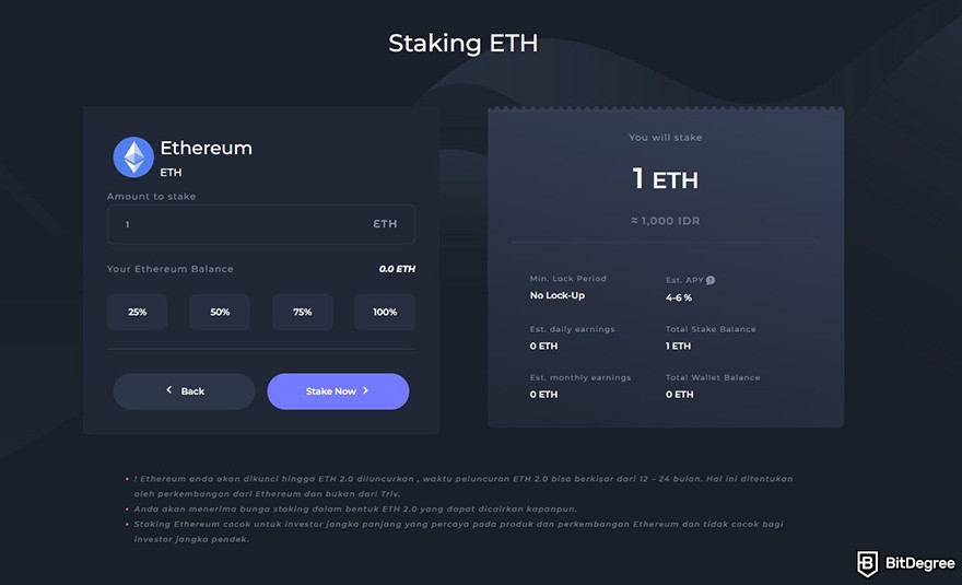 Triv review: the staking ETH page on Triv's website.