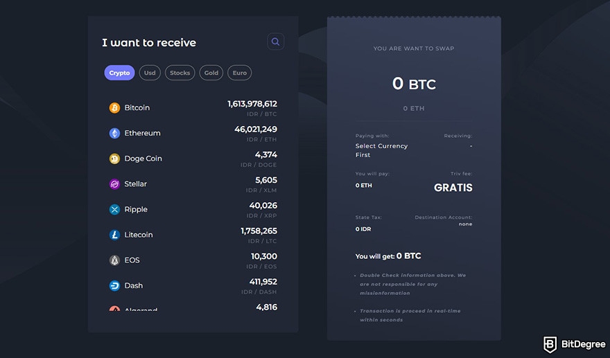 Triv review: the Swap interface on Triv's website.