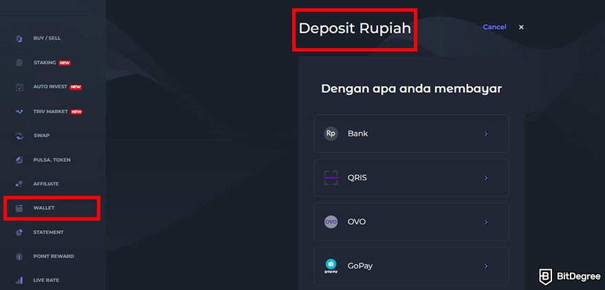 Triv review: the IDR deposit page on Triv's user dashboard.