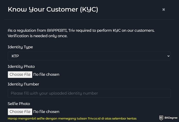 Triv review: the KYC page on Triv's website.