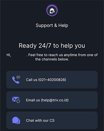 Triv review: the support & help page on the Triv app.