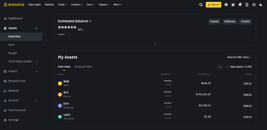 Tron wallet: the assets overview page on Binance.