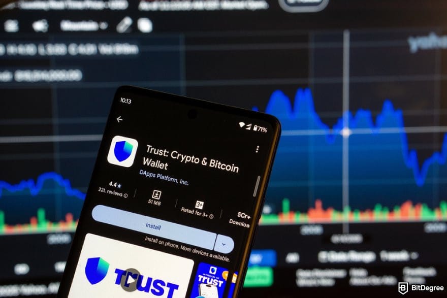 Tron wallet: a phone showing Google Play page of Trust wallet.