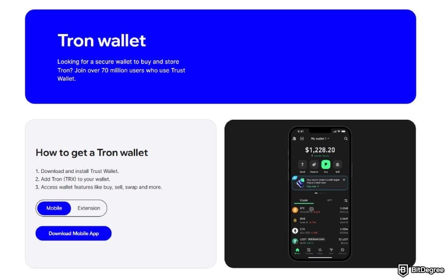 Tron wallet: the page for Tron wallet on Trust Wallet's website.