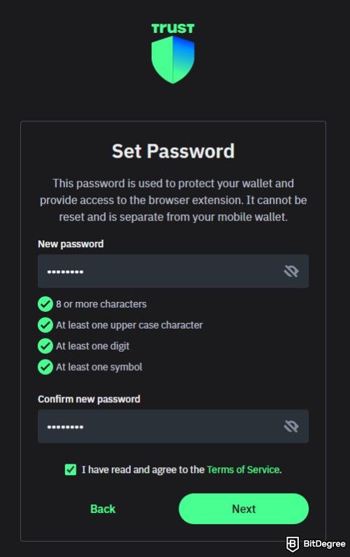 Trust Wallet review: creating a password.