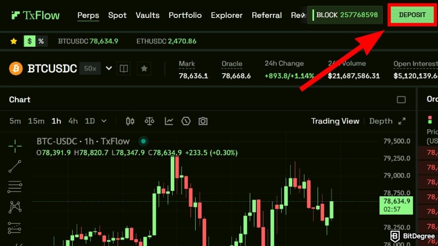 TxFlow review: click on the [Deposit] button.