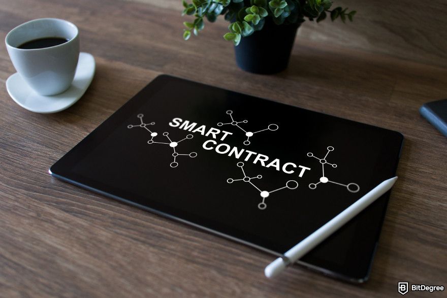 Types of crypto exchanges: smart contract logo on a tablet screen.