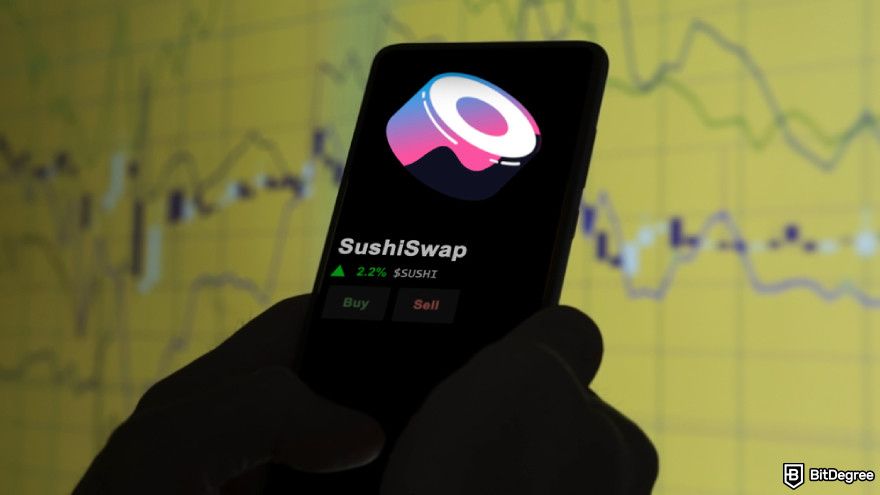 Types of crypto exchanges: SushiSwap logo on phone screen.