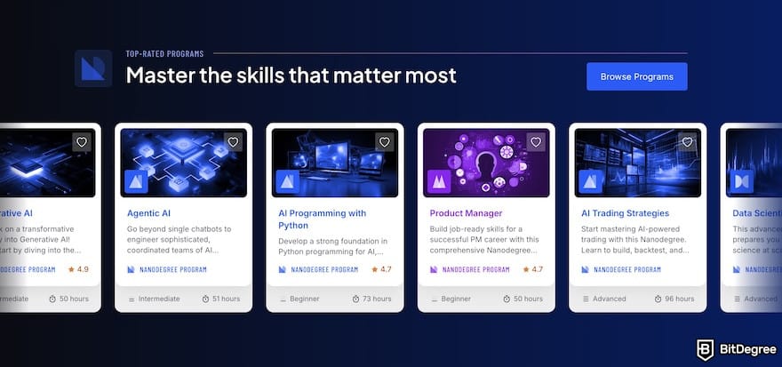 Udacity review: top-rated programs listed on Udacity's homepage. Udacity review: top-rated programs listed on Udacity's homepage.