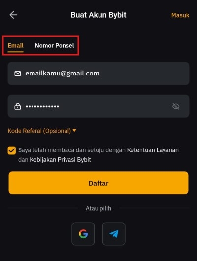 Ulasan Aplikasi Bybit: buat akun lewat email atau telepon.