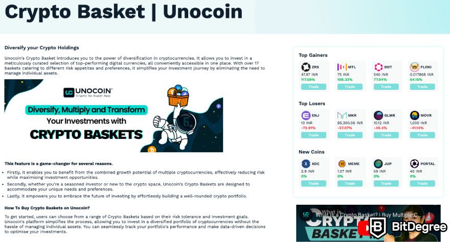 Unocoin review: a screenshot of Unocoin's crypto basket program.