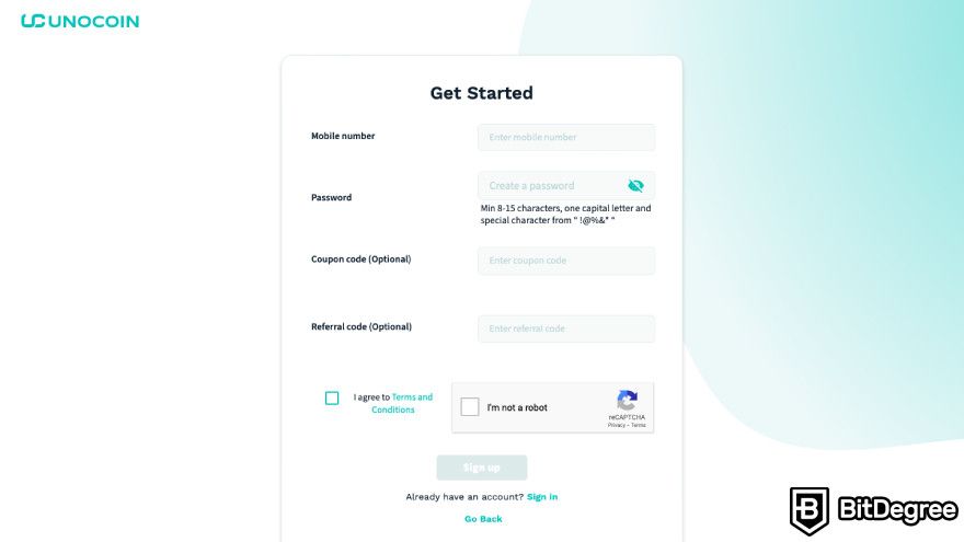 Unocoin review: a screenshot of Unocoin's account creation page.