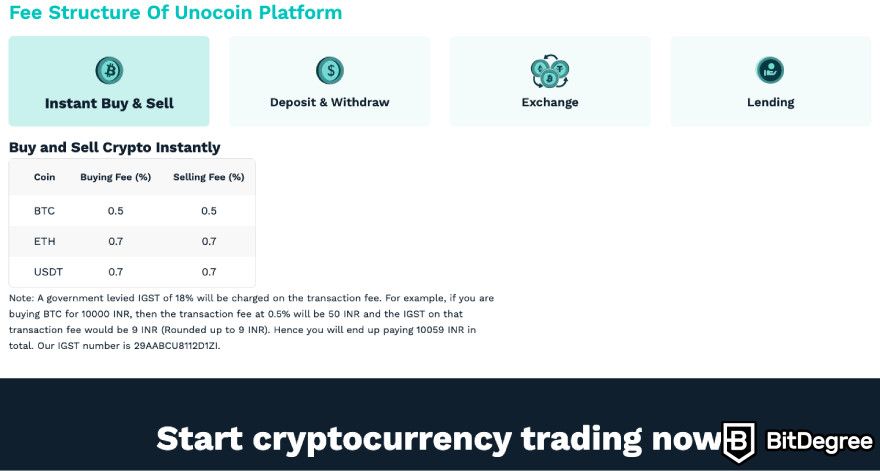 Unocoin review: a screenshot of Unocoin's fee structure.