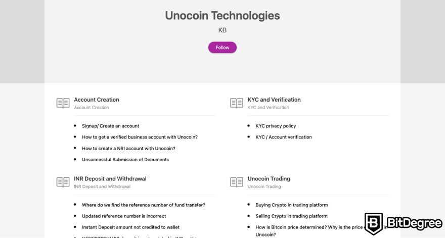 Unocoin review: a screenshot of Unocoin's help center.