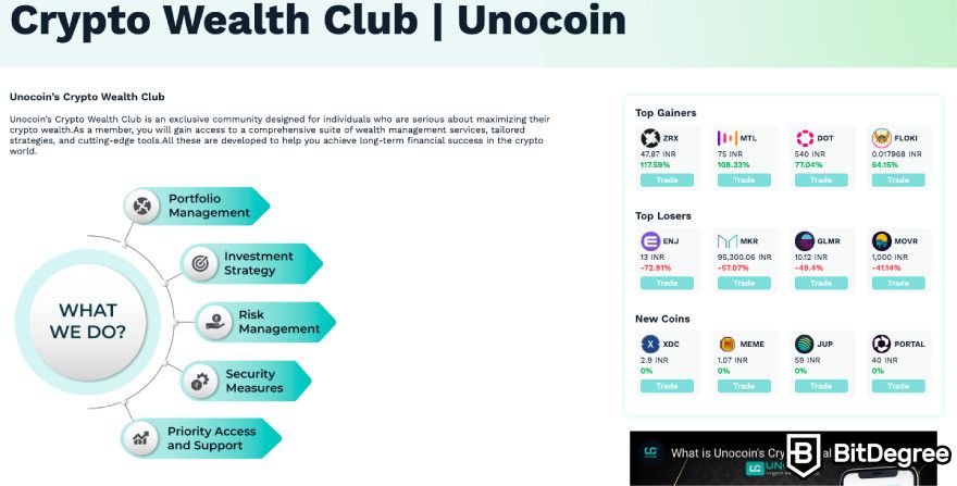 Unocoin review: a screenshot of Unocoin's Wealth Club.