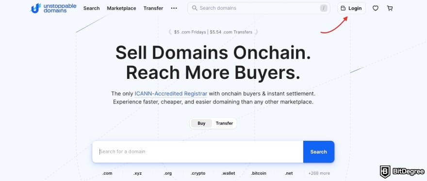 Unstoppable Domains promo credits: a red arrow pointing to the [Login] button on Unstoppable Domains' homepage.
