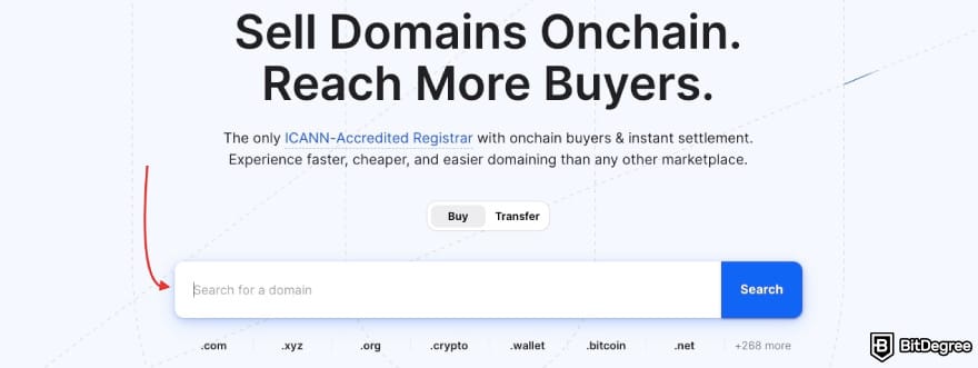 Unstoppable Domains promo credits: a red arrow pointing to the search bar. Unstoppable Domains promo credits: a red arrow pointing to the search bar.