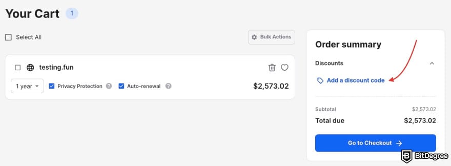 Unstoppable Domains promo credits: a red arrow pointing to the [Add a discount code] option.