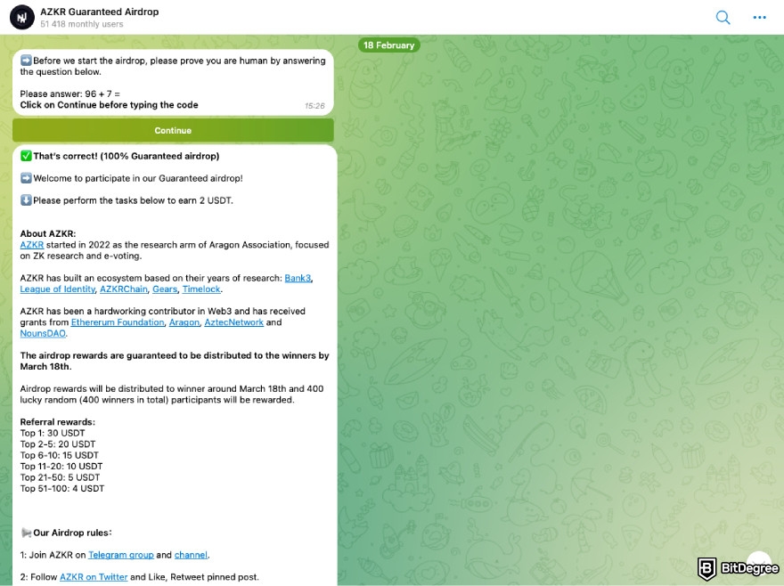 Upcoming Ethereum airdrops: AZKR Telegram bot.