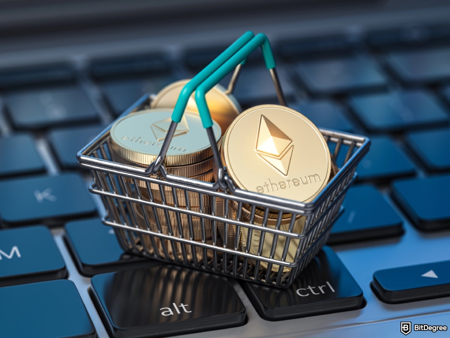 Upcoming Ethereum airdrops: a tiny shopping basket with Ethereum coins in it.