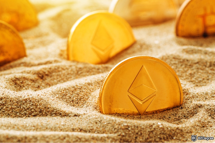 Upcoming Ethereum airdrops: Ethereum coins stuck in the sand.