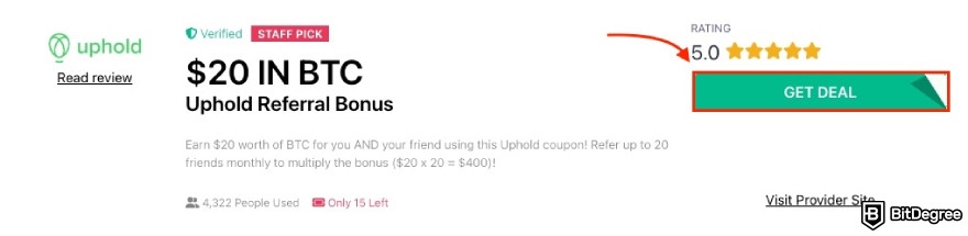 Uphold referral code: red arrow pointing to get deal button.