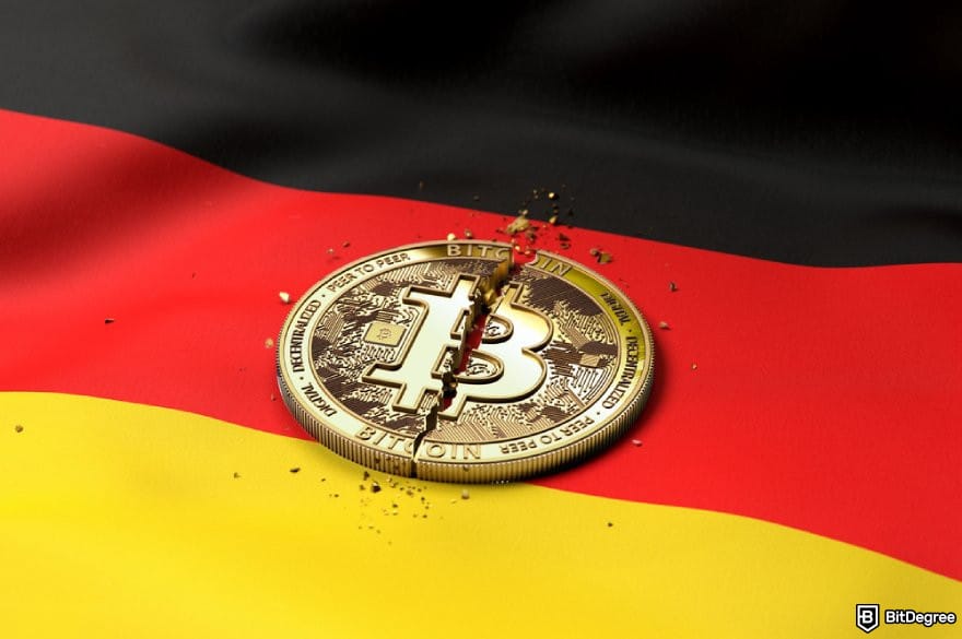 Uphold review: a broken BTC coin on a Germany flag.