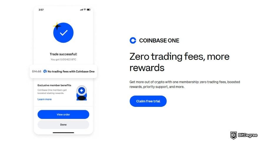Uphold review: description of Coinbase One on the official website.