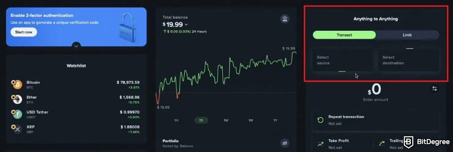 Uphold review: Uphold's user dashboard with the Anything to Anything section highlighted.