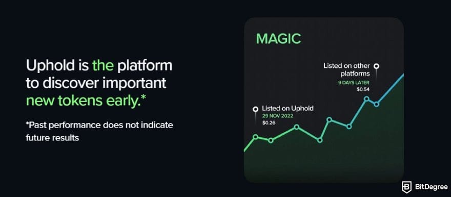 Uphold review: description of how Uphold offers access to new tokens early.