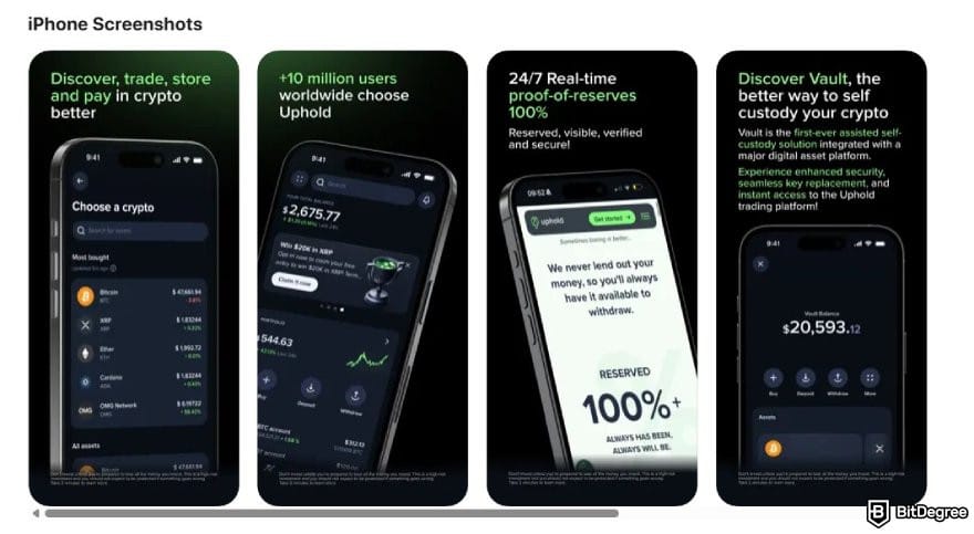 Uphold review: iPhone screenshots for the Uphold app on Apple App Store.