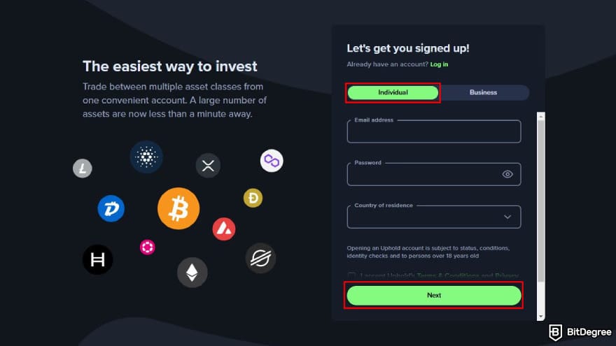 Uphold review: the basic information page when signing up on Uphold.