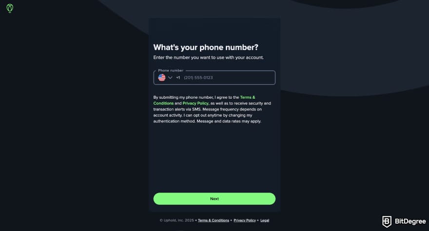 Uphold review: the phone number page when signing up on Uphold.