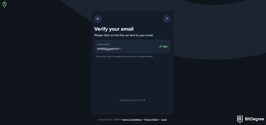 Uphold review: the page to verify email address when signing up on Uphold.