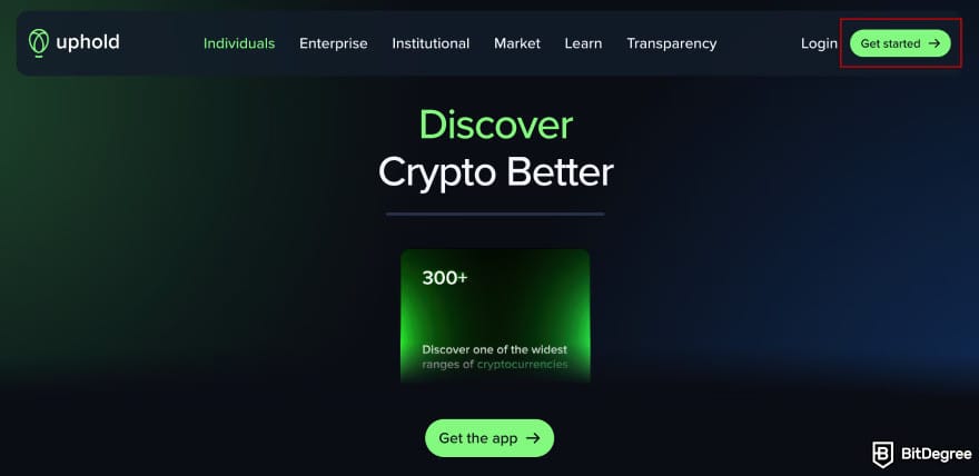 Uphold review: Uphold homepage with the Get started button highlighted.