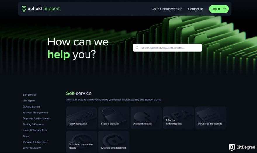 Uphold review: Uphold support page.