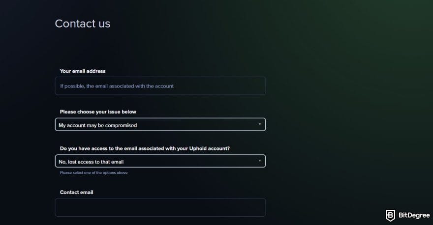 Uphold review: the form to contact support on Uphold.