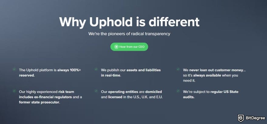 Uphold review: a list of Uphold's transparency features.