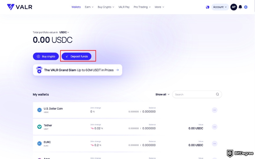 VALR review: click Deposit funds.